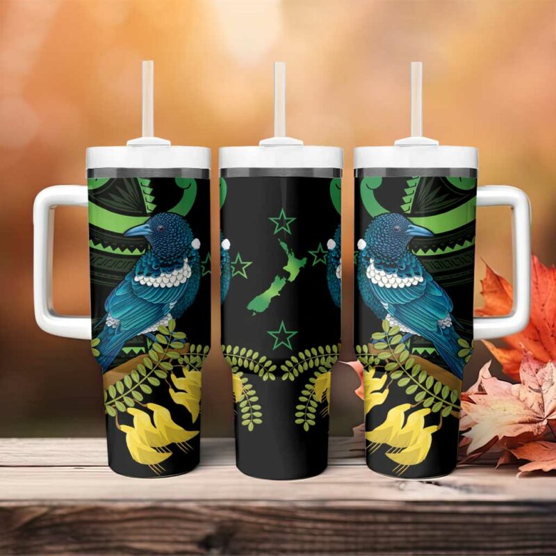 New Zealand Tui Bird Aotearoa Maori With Kowhai Flowers Custom Stanley Quencher 40oz Stainless Steel Tumbler With Handle - Threewoofs - Image 4