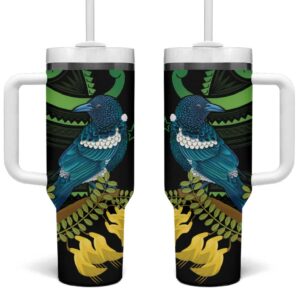 New Zealand Tui Bird Aotearoa Maori With Kowhai Flowers Custom Stanley Quencher 40oz Stainless Steel Tumbler With Handle - Threewoofs