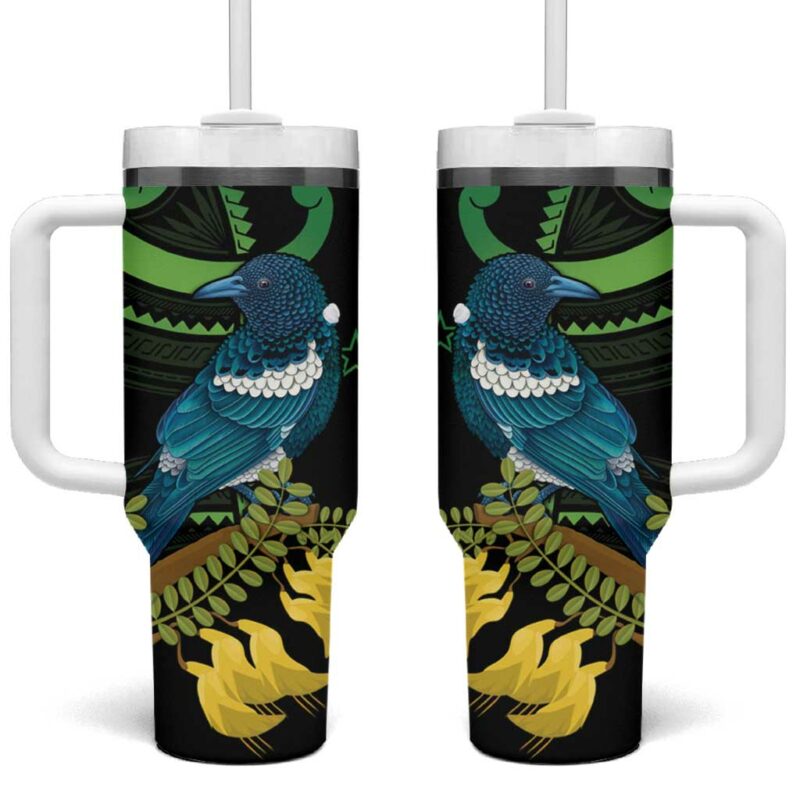 New Zealand Tui Bird Aotearoa Maori With Kowhai Flowers Custom Stanley Quencher 40oz Stainless Steel Tumbler With Handle - Threewoofs
