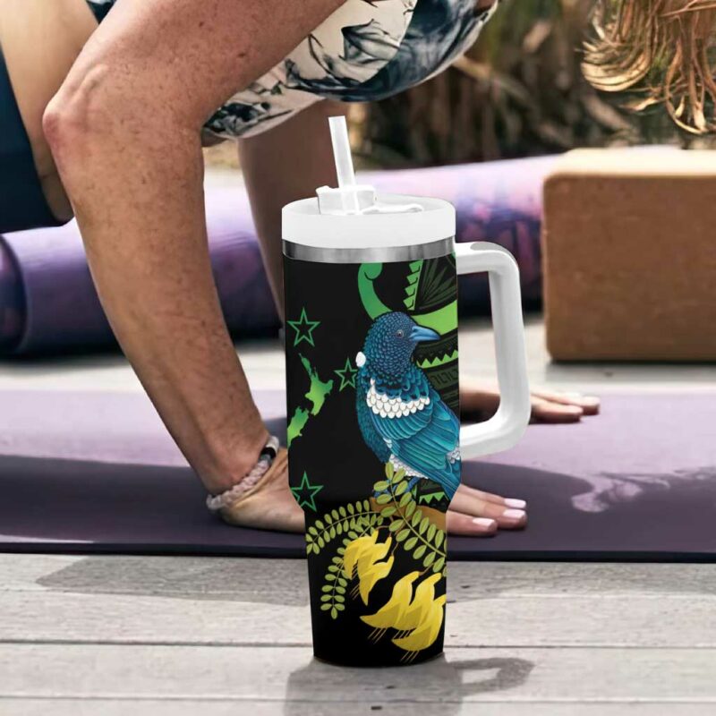 New Zealand Tui Bird Aotearoa Maori With Kowhai Flowers Custom Stanley Quencher 40oz Stainless Steel Tumbler With Handle - Threewoofs - Image 6