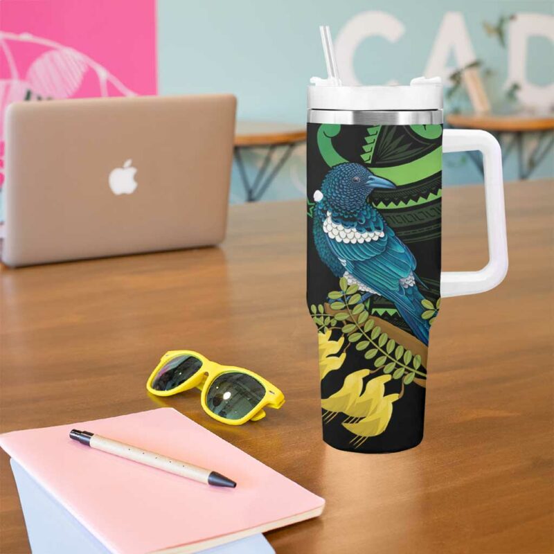 New Zealand Tui Bird Aotearoa Maori With Kowhai Flowers Custom Stanley Quencher 40oz Stainless Steel Tumbler With Handle - Threewoofs - Image 5