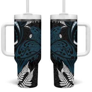 New Zealand Tui Bird Maori Kowhaiwhai Custom Stanley Quencher 40oz Stainless Steel Tumbler With Handle - Threewoofs