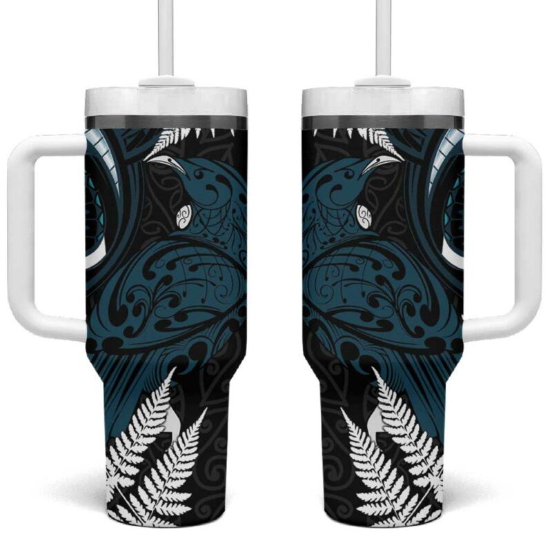 New Zealand Tui Bird Maori Kowhaiwhai Custom Stanley Quencher 40oz Stainless Steel Tumbler With Handle - Threewoofs