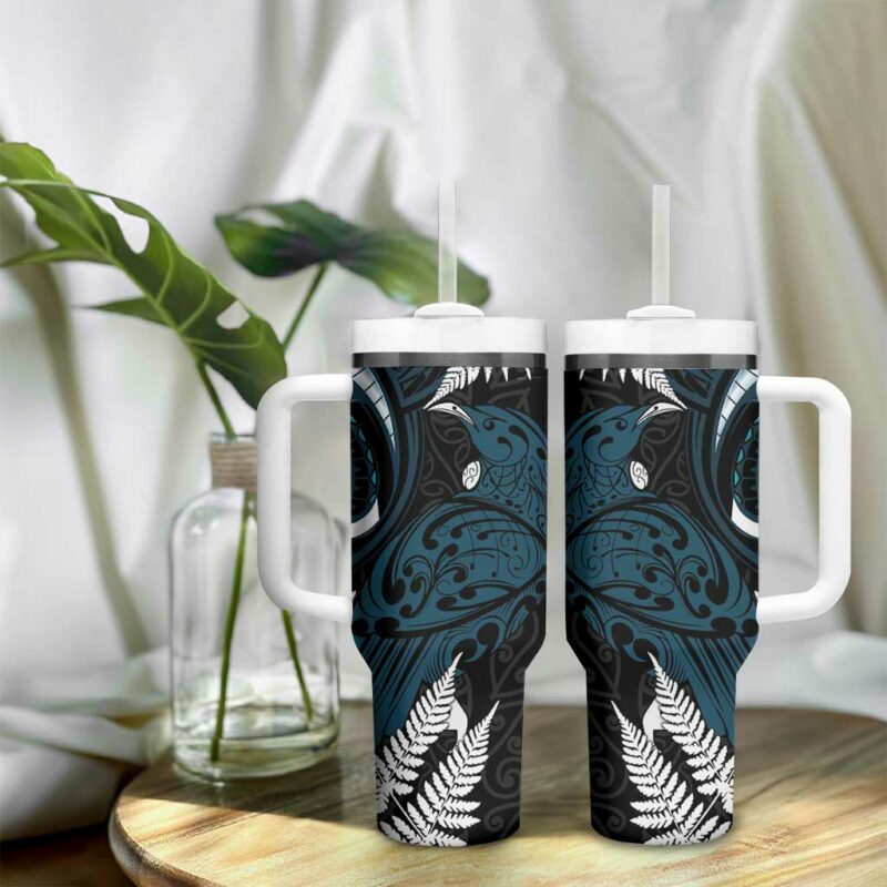 New Zealand Tui Bird Maori Kowhaiwhai Custom Stanley Quencher 40oz Stainless Steel Tumbler With Handle - Threewoofs - Image 9