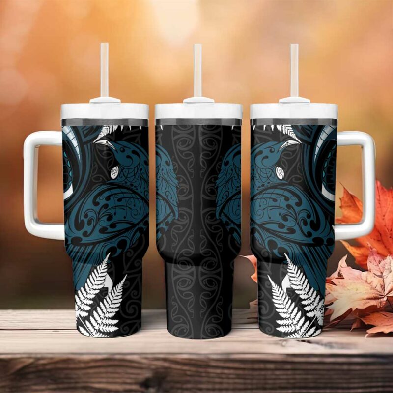 New Zealand Tui Bird Maori Kowhaiwhai Custom Stanley Quencher 40oz Stainless Steel Tumbler With Handle - Threewoofs - Image 4
