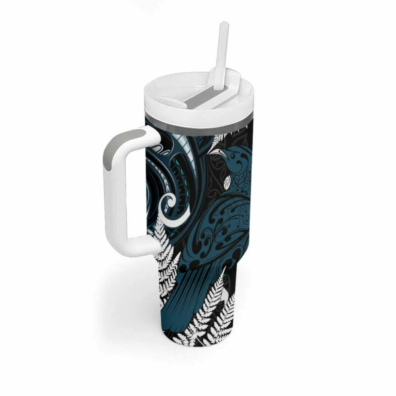 New Zealand Tui Bird Maori Kowhaiwhai Custom Stanley Quencher 40oz Stainless Steel Tumbler With Handle - Threewoofs - Image 2