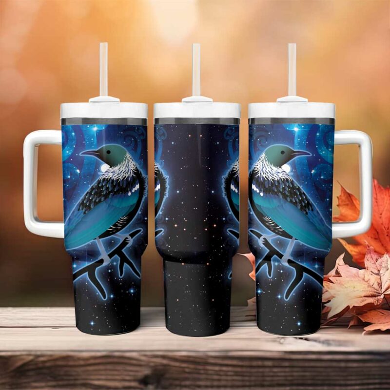 New Zealand Tui Bird The Pleiades Star Cluster and Koru Tribal Tattoo Galaxy Custom Stanley Quencher 40oz Stainless Steel Tumbler With Handle - Threewoofs - Image 4
