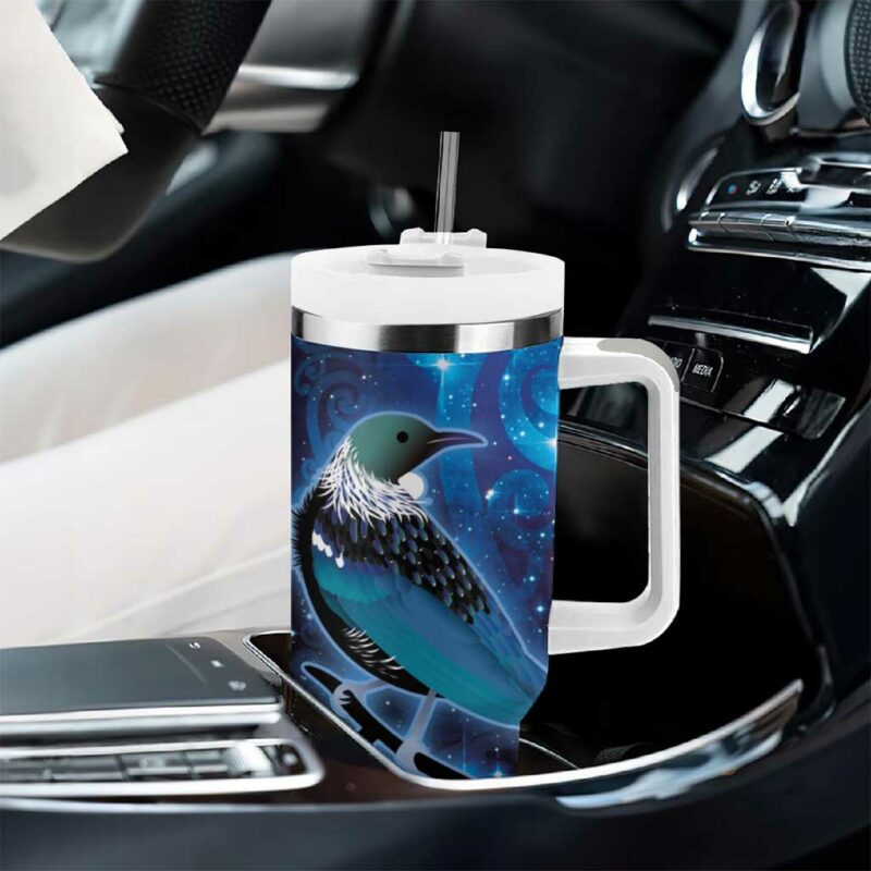 New Zealand Tui Bird The Pleiades Star Cluster and Koru Tribal Tattoo Galaxy Custom Stanley Quencher 40oz Stainless Steel Tumbler With Handle - Threewoofs - Image 8