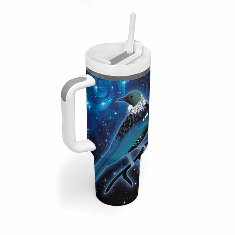 New Zealand Tui Bird The Pleiades Star Cluster and Koru Tribal Tattoo Galaxy Custom Stanley Quencher 40oz Stainless Steel Tumbler With Handle - Threewoofs - Image 2