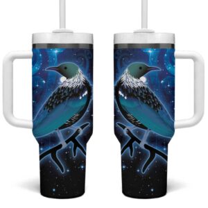 New Zealand Tui Bird The Pleiades Star Cluster and Koru Tribal Tattoo Galaxy Custom Stanley Quencher 40oz Stainless Steel Tumbler With Handle - Threewoofs