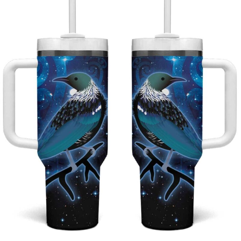 New Zealand Tui Bird The Pleiades Star Cluster and Koru Tribal Tattoo Galaxy Custom Stanley Quencher 40oz Stainless Steel Tumbler With Handle - Threewoofs