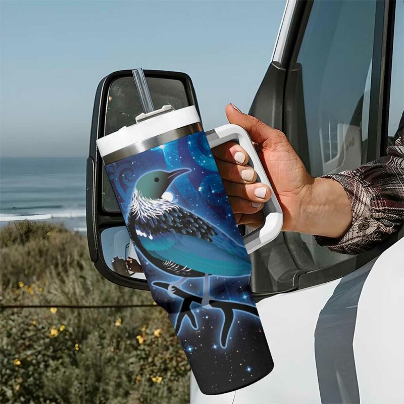 New Zealand Tui Bird The Pleiades Star Cluster and Koru Tribal Tattoo Galaxy Custom Stanley Quencher 40oz Stainless Steel Tumbler With Handle - Threewoofs - Image 7