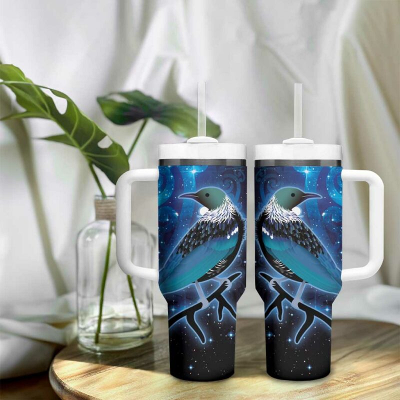 New Zealand Tui Bird The Pleiades Star Cluster and Koru Tribal Tattoo Galaxy Custom Stanley Quencher 40oz Stainless Steel Tumbler With Handle - Threewoofs - Image 9