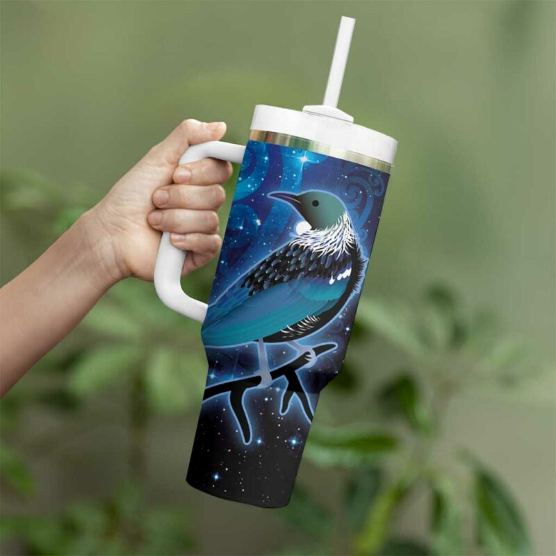 New Zealand Tui Bird The Pleiades Star Cluster and Koru Tribal Tattoo Galaxy Custom Stanley Quencher 40oz Stainless Steel Tumbler With Handle - Threewoofs - Image 3