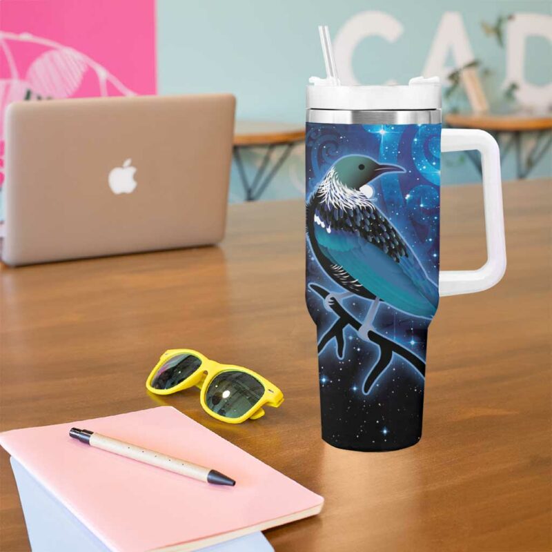 New Zealand Tui Bird The Pleiades Star Cluster and Koru Tribal Tattoo Galaxy Custom Stanley Quencher 40oz Stainless Steel Tumbler With Handle - Threewoofs - Image 5