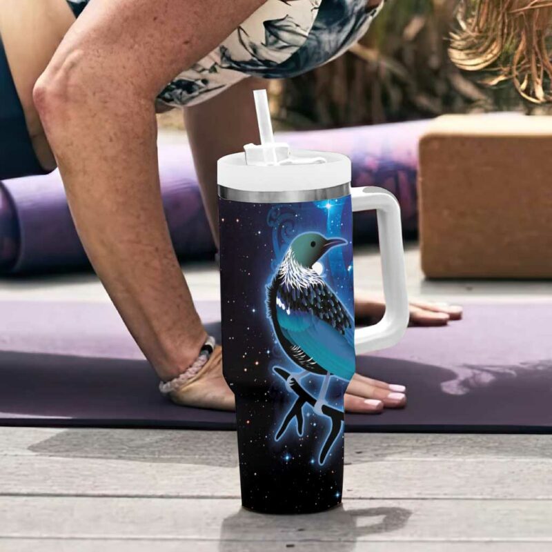 New Zealand Tui Bird The Pleiades Star Cluster and Koru Tribal Tattoo Galaxy Custom Stanley Quencher 40oz Stainless Steel Tumbler With Handle - Threewoofs - Image 6