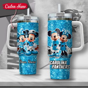 Custom Name Mickey & Minnie Carolina Panthers Glitter Tumbler with Handle