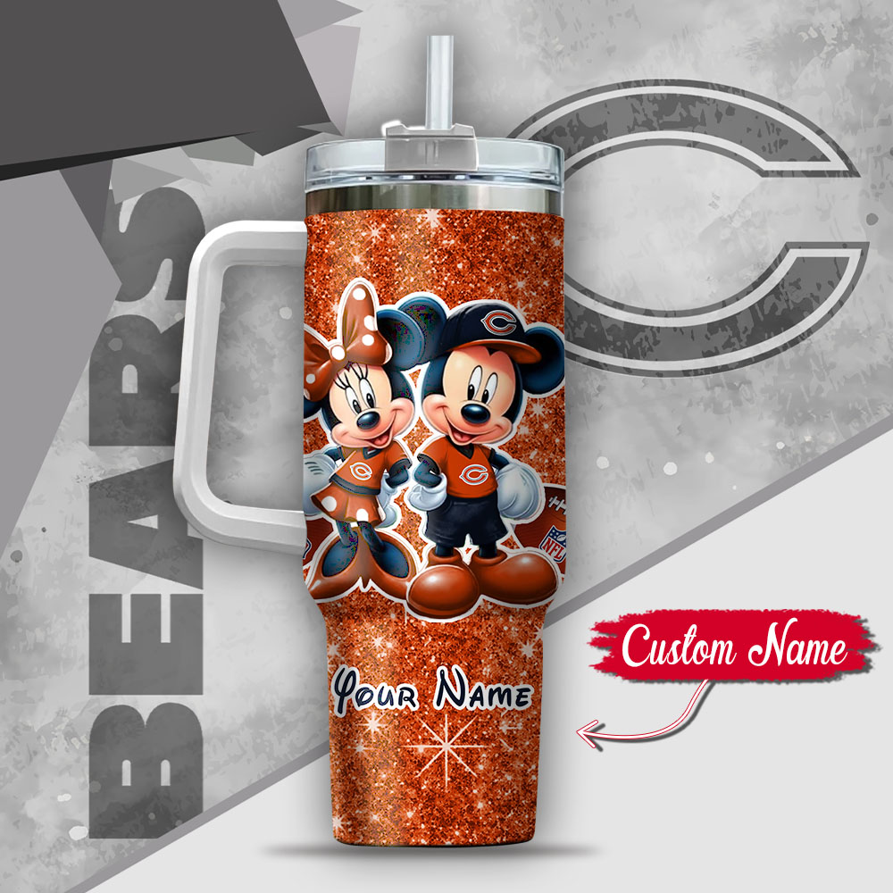 Custom Name Mickey & Minnie Chicago Bears Tumbler - Personalized Glitter Cup - Image 3