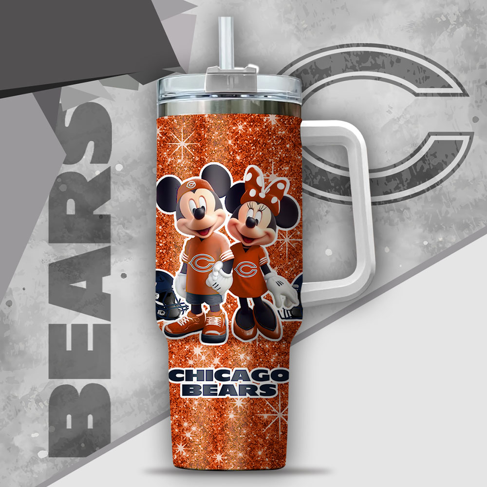 Custom Name Mickey & Minnie Chicago Bears Tumbler - Personalized Glitter Cup - Image 2