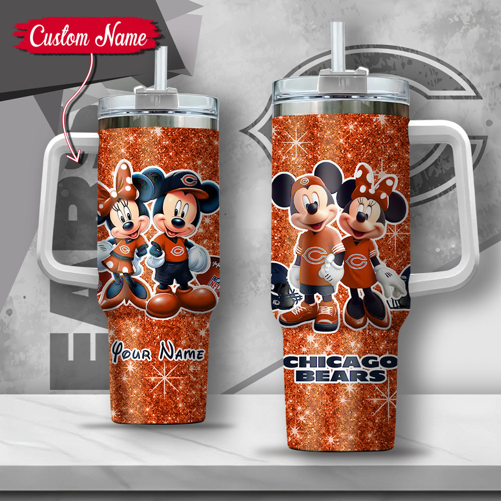 Custom Name Mickey & Minnie Chicago Bears Tumbler - Personalized Glitter Cup