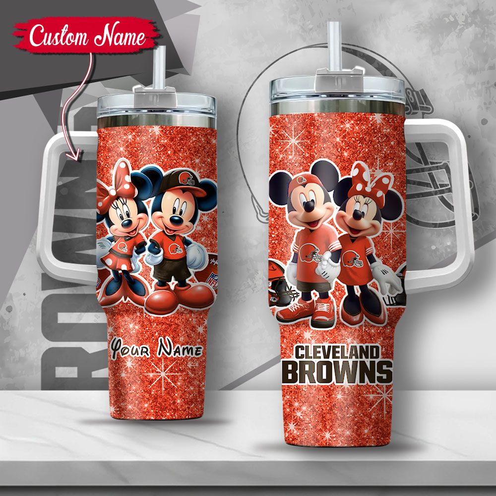 Custom Name Disney Fan Tumbler - Mickey & Minnie Mouse Cleveland Browns Design