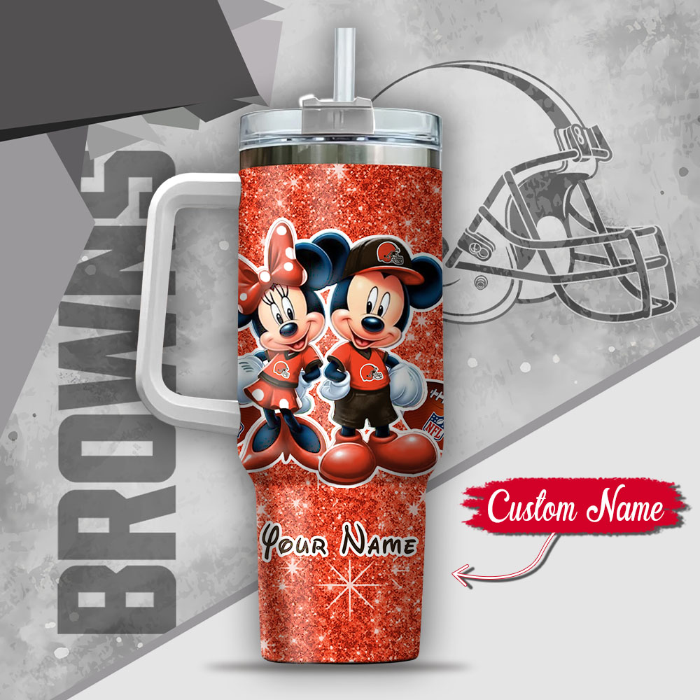 Custom Name Disney Fan Tumbler - Mickey & Minnie Mouse Cleveland Browns Design - Image 3
