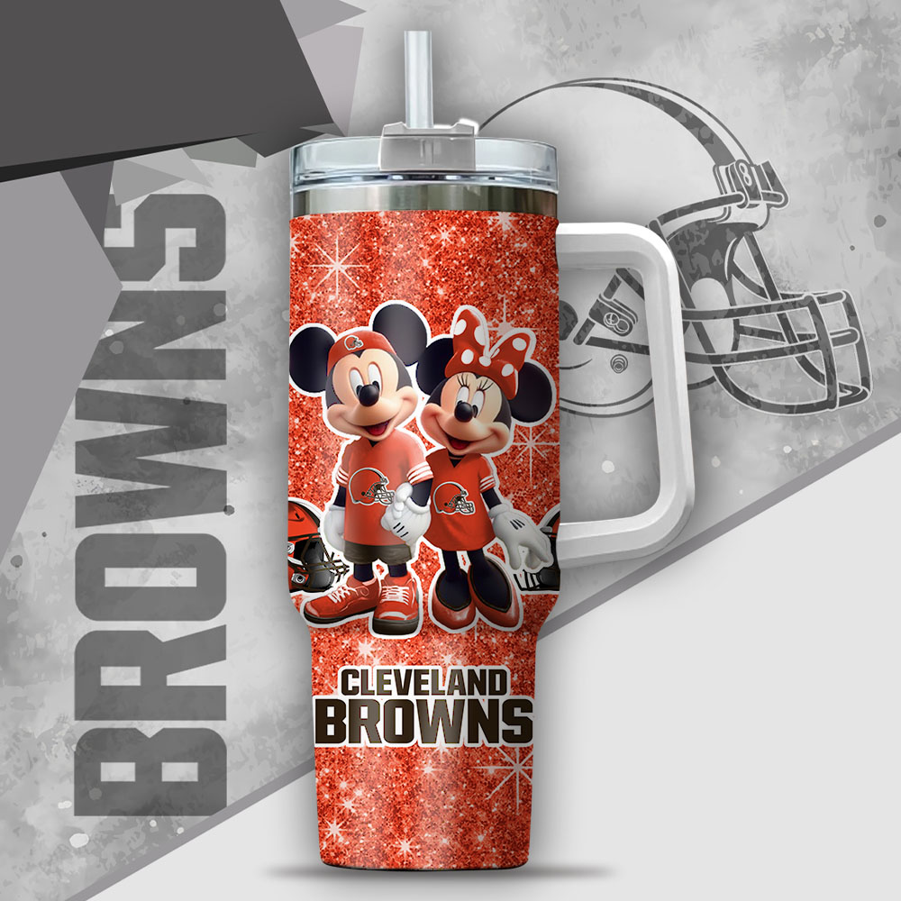 Custom Name Disney Fan Tumbler - Mickey & Minnie Mouse Cleveland Browns Design - Image 2