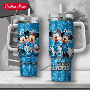 Customizable Detroit Lions Mickey & Minnie Glitter Tumbler - Perfect Gift!