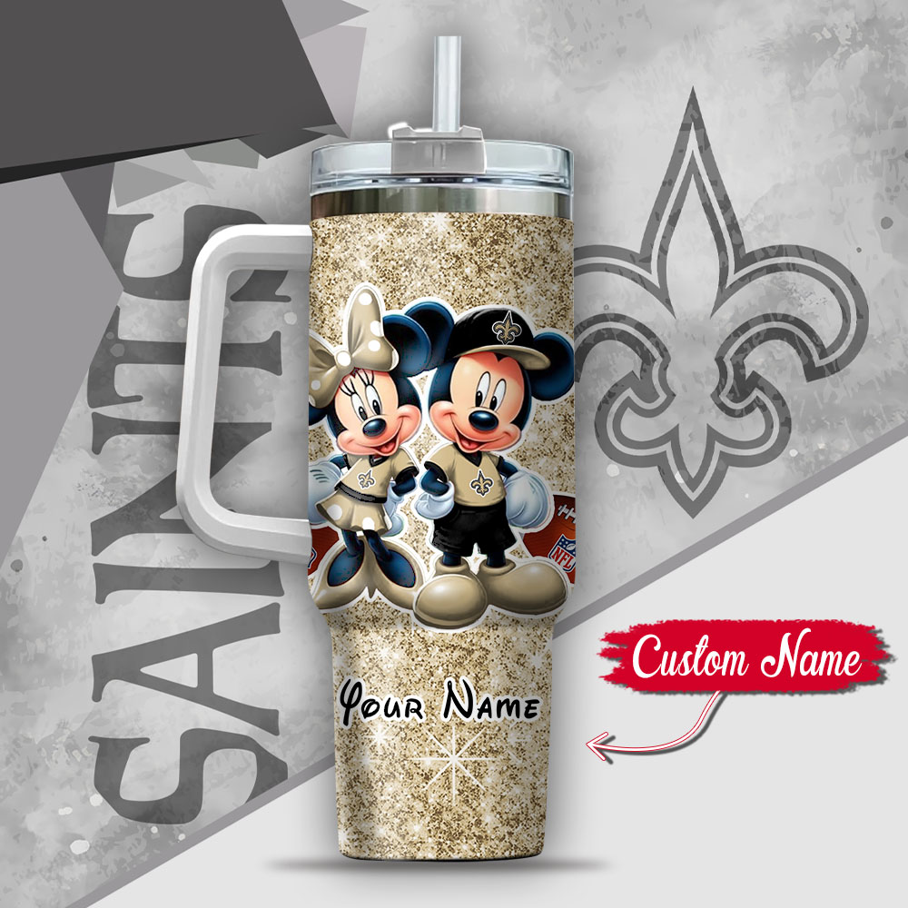 Custom Name Disney Mickey & Minnie New Orleans Saints Tumbler with Handle - Image 3