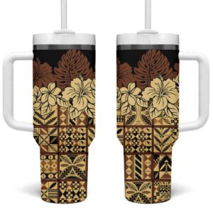 Niue Hiapo Motif Tapa Classic Black Custom Stanley Quencher 40oz Stainless Steel Tumbler With Handle - Threewoofs