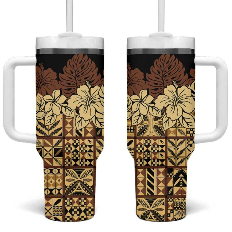 Niue Hiapo Motif Tapa Classic Black Custom Stanley Quencher 40oz Stainless Steel Tumbler With Handle - Threewoofs