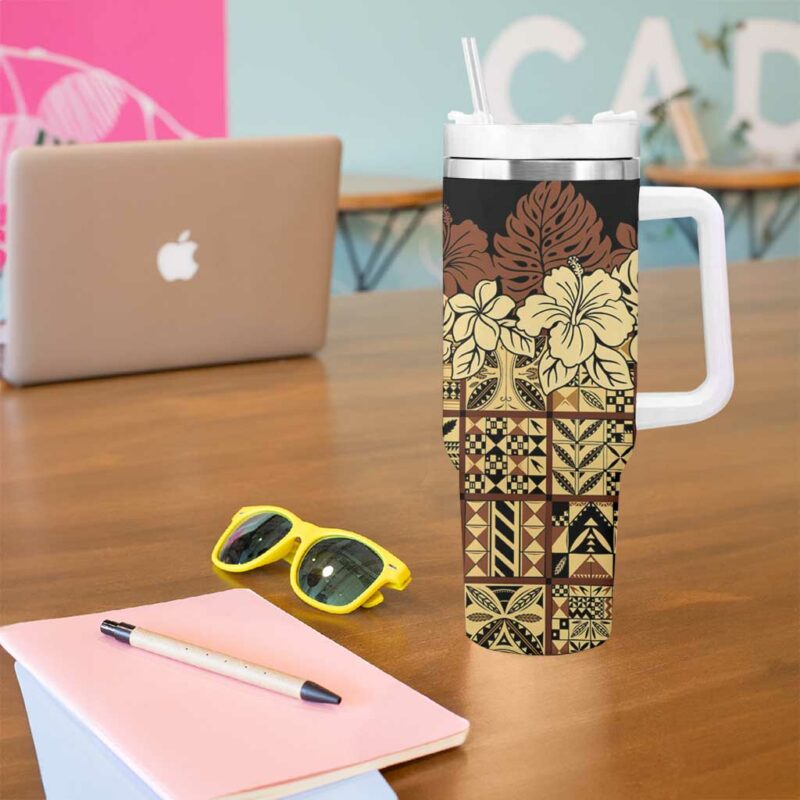 Niue Hiapo Motif Tapa Classic Black Custom Stanley Quencher 40oz Stainless Steel Tumbler With Handle - Threewoofs - Image 5