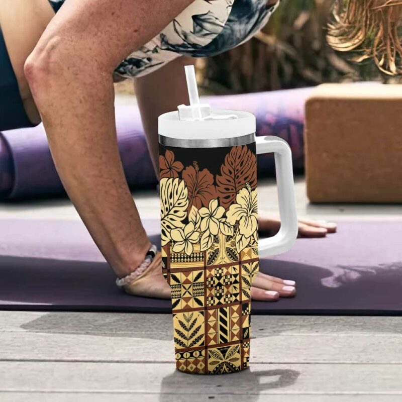 Niue Hiapo Motif Tapa Classic Black Custom Stanley Quencher 40oz Stainless Steel Tumbler With Handle - Threewoofs - Image 6