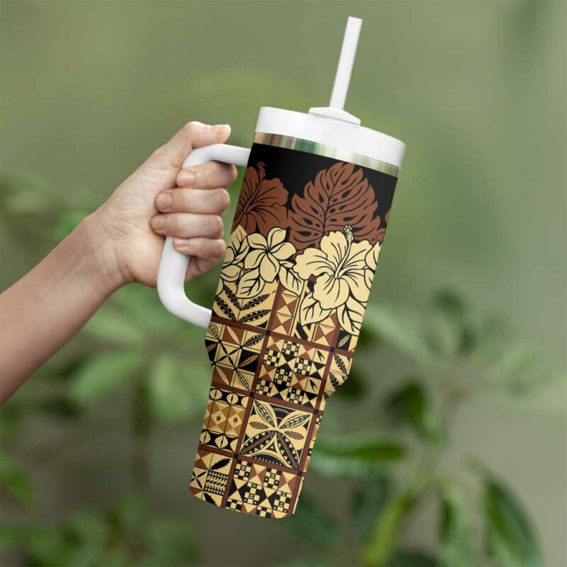 Niue Hiapo Motif Tapa Classic Black Custom Stanley Quencher 40oz Stainless Steel Tumbler With Handle - Threewoofs - Image 3