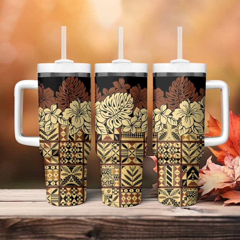 Niue Hiapo Motif Tapa Classic Black Custom Stanley Quencher 40oz Stainless Steel Tumbler With Handle - Threewoofs - Image 4