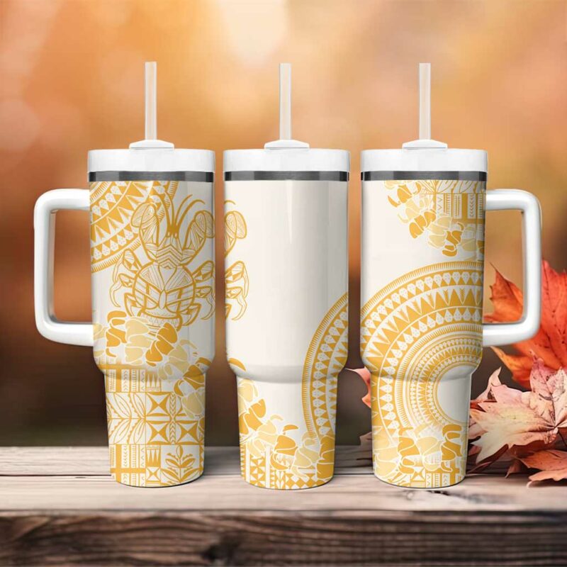 Niue Language Week The Rock Coconut Crab Siapo Gold Pastel Custom Stanley Quencher 40oz Stainless Steel Tumbler With Handle - Threewoofs - Image 4