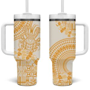 Niue Language Week The Rock Coconut Crab Siapo Gold Pastel Custom Stanley Quencher 40oz Stainless Steel Tumbler With Handle - Threewoofs
