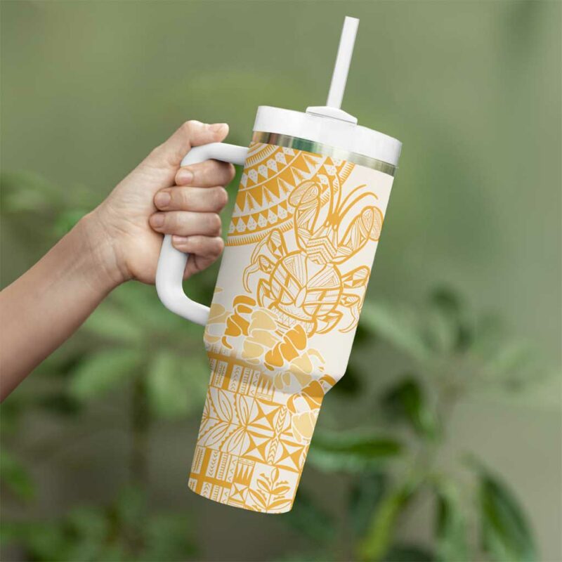 Niue Language Week The Rock Coconut Crab Siapo Gold Pastel Custom Stanley Quencher 40oz Stainless Steel Tumbler With Handle - Threewoofs - Image 3