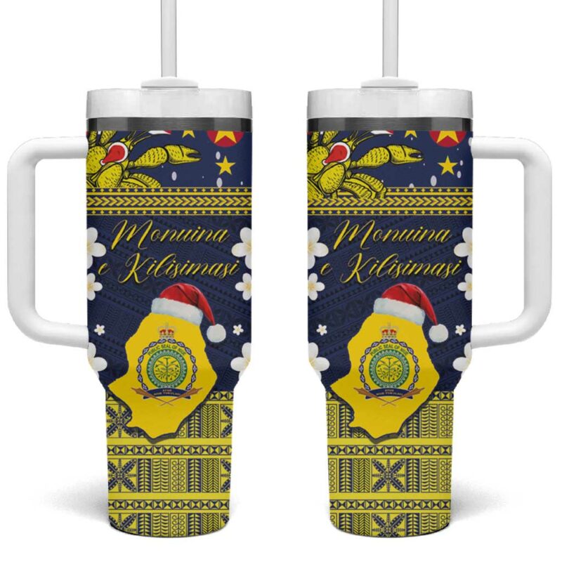 Niue Monuina e Kilisimasi Christmas Uga Niue Map and Emblem Custom Stanley Quencher 40oz Stainless Steel Tumbler With Handle - Threewoofs