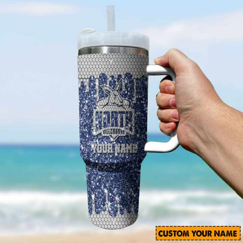 North Melbourne Kangaroos AFL Sports Glitter Custom Stanley Quencher 40oz Stainless Steel Tumbler With Handle - Threewoofs - Image 3