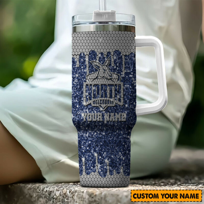 North Melbourne Kangaroos AFL Sports Glitter Custom Stanley Quencher 40oz Stainless Steel Tumbler With Handle - Threewoofs