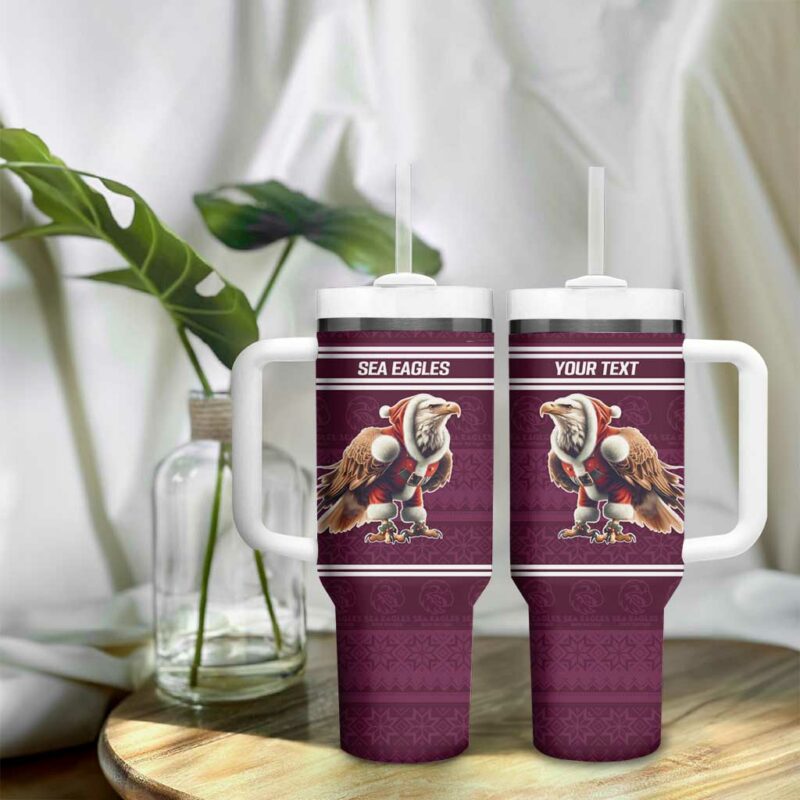 NRL Manly Warringah Christmas with Sea Eagles Mascot Custom Stanley Quencher 40oz Stainless Steel Tumbler With Handle - Threewoofs - Image 9