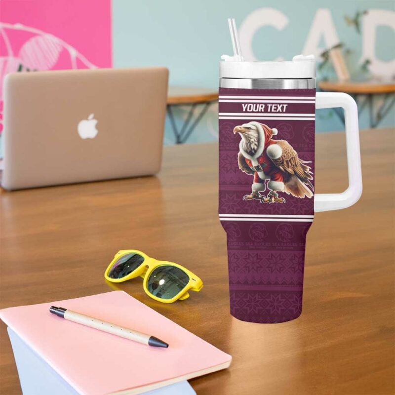 NRL Manly Warringah Christmas with Sea Eagles Mascot Custom Stanley Quencher 40oz Stainless Steel Tumbler With Handle - Threewoofs - Image 5