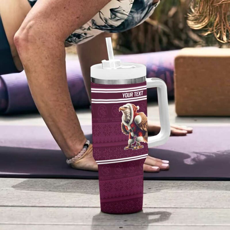 NRL Manly Warringah Christmas with Sea Eagles Mascot Custom Stanley Quencher 40oz Stainless Steel Tumbler With Handle - Threewoofs - Image 6
