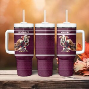 NRL Manly Warringah Christmas with Sea Eagles Mascot Custom Stanley Quencher 40oz Stainless Steel Tumbler With Handle - Threewoofs
