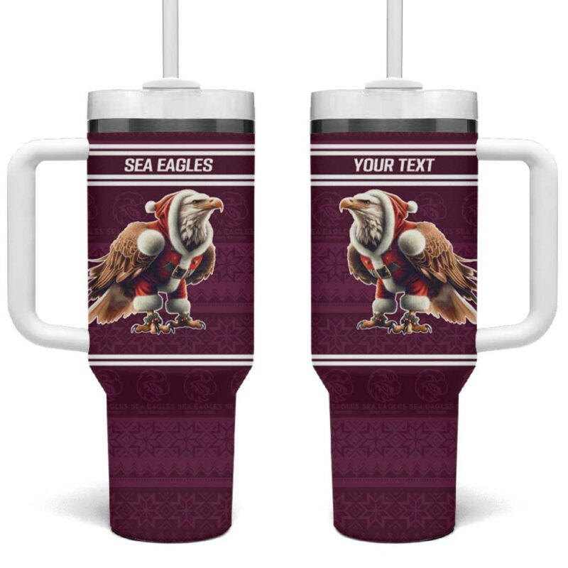 NRL Manly Warringah Christmas with Sea Eagles Mascot Custom Stanley Quencher 40oz Stainless Steel Tumbler With Handle - Threewoofs - Image 2