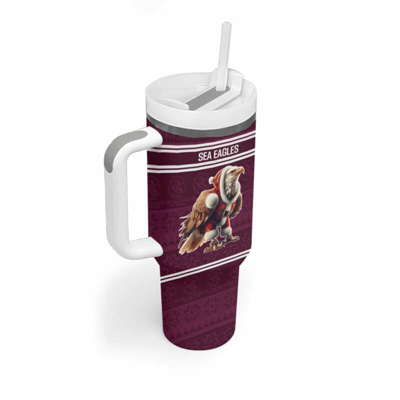 NRL Manly Warringah Christmas with Sea Eagles Mascot Custom Stanley Quencher 40oz Stainless Steel Tumbler With Handle - Threewoofs - Image 3