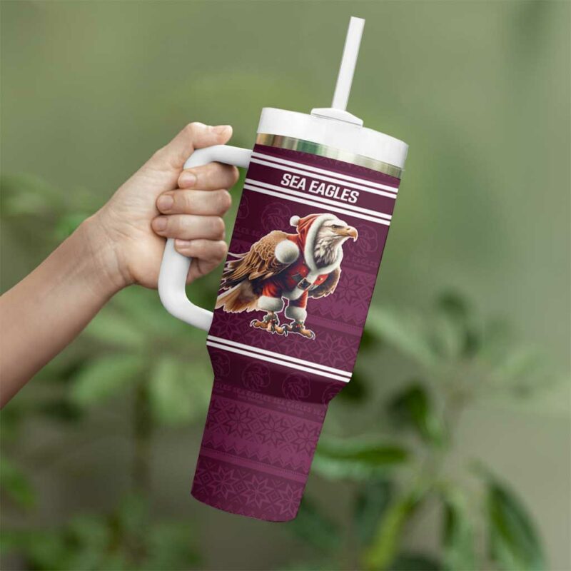 NRL Manly Warringah Christmas with Sea Eagles Mascot Custom Stanley Quencher 40oz Stainless Steel Tumbler With Handle - Threewoofs - Image 4