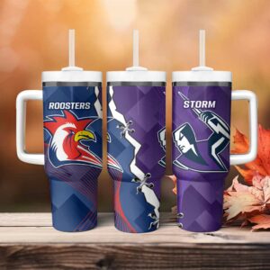 NRL Storm And Roosters Rugby 2024 Go Champions Dynamic Version Custom Stanley Quencher 40oz Stainless Steel Tumbler With Handle - Threewoofs