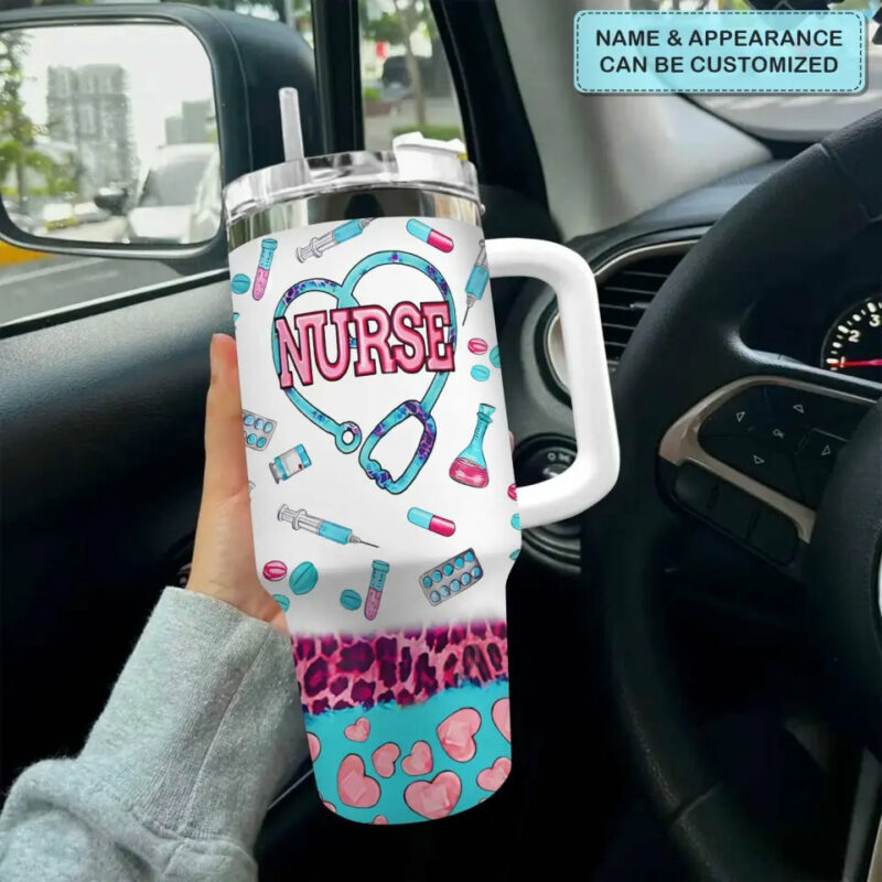 Nurse Life Leopard Custom Stanley Quencher 40oz Stainless Steel Tumbler With Handle - Threewoofs - Image 2